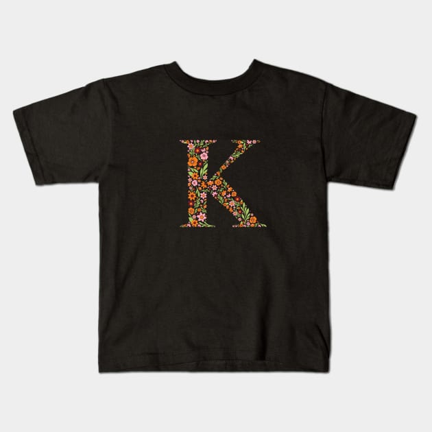 Retro Floral Letter K Kids T-Shirt by zeljkica